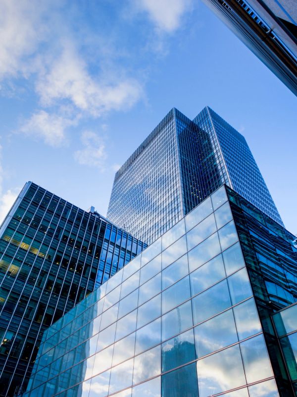 Modern commercial buildings viewed from street level