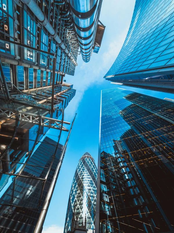 Modern commercial buildings viewed from street level