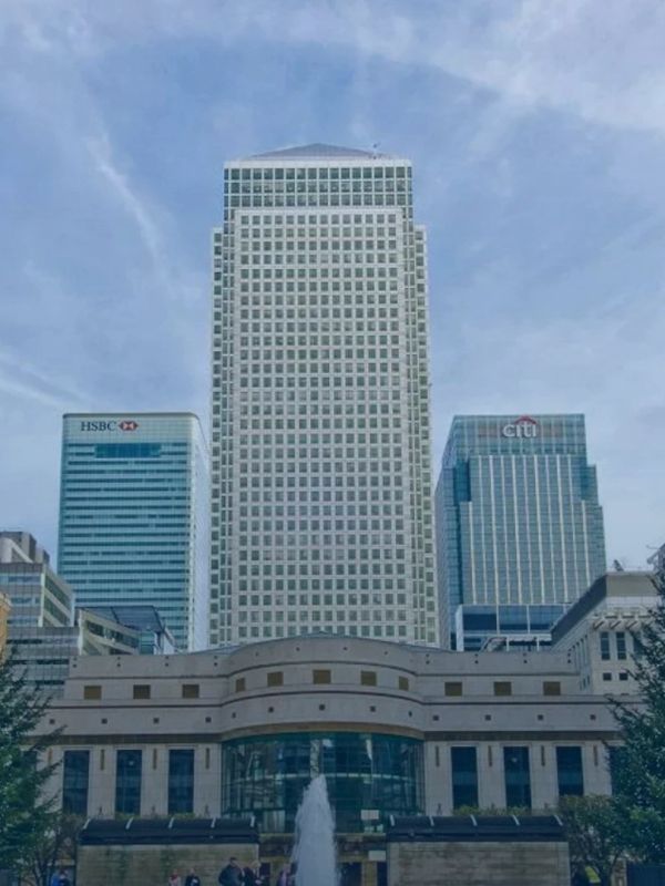 Modern commercial buildings viewed from street level