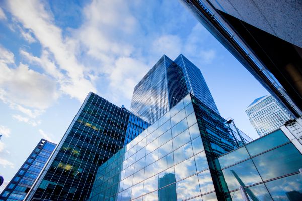 Modern commercial buildings viewed from street level