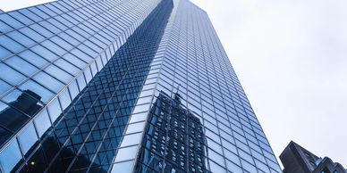 Modern commercial buildings viewed from street level
