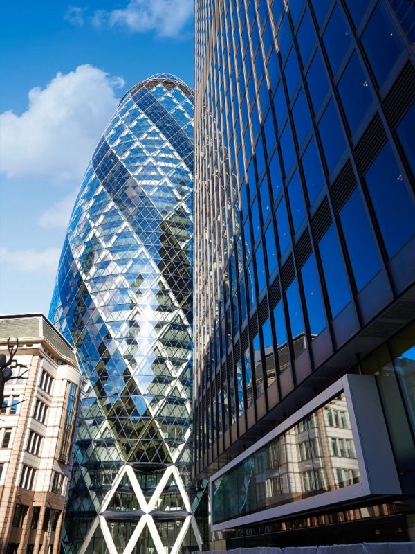 Modern commercial buildings viewed from street level
