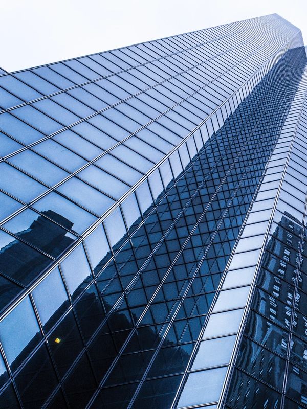 Modern commercial buildings viewed from street level